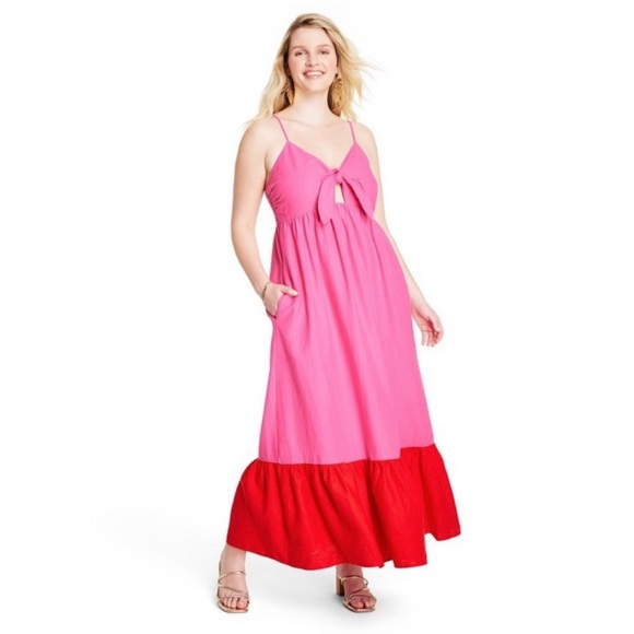 Tabitha Brown Dresses & Skirts - Tabitha Brown Hot Pink and Red Linen Blend T-Strap Maxi Dress